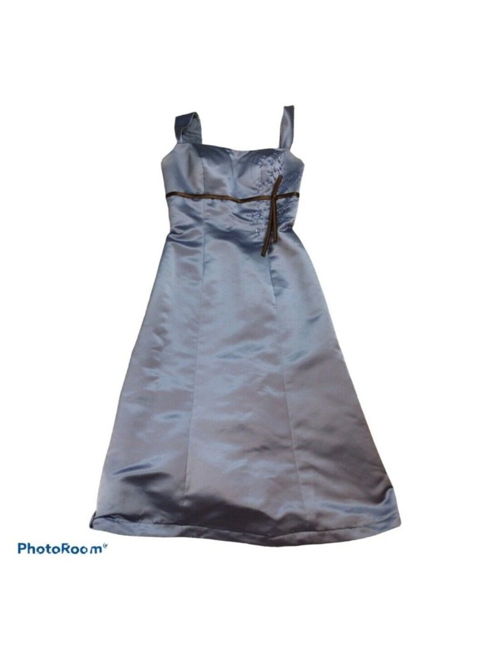Bill Levkoff Blue Formal Dress With Brown Ribbon Accent Size 4 Polyester & Aceta